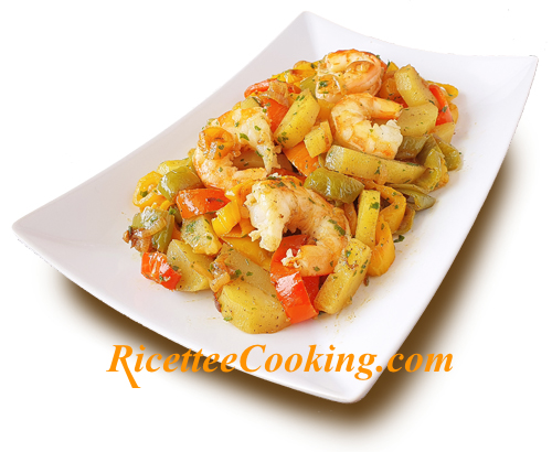 Gamberi con patate e peperoni